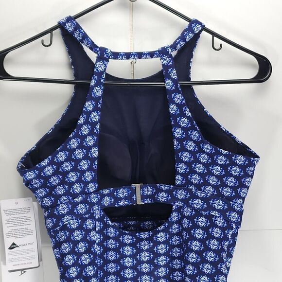 Athleta Tangier High Neck Tankini Top 32D /DD Blue Open Back Underwire Swimwear - Picture 8 of 12